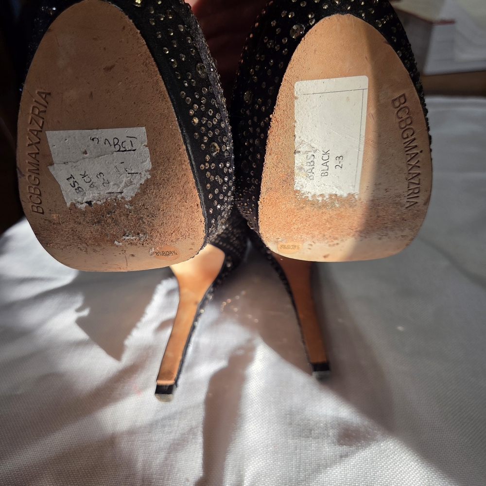 BCBGMaxAzria Black Satin + Champagne Sparkle Platform Stiletto Heels, 8.5 - Picture 6 of 6